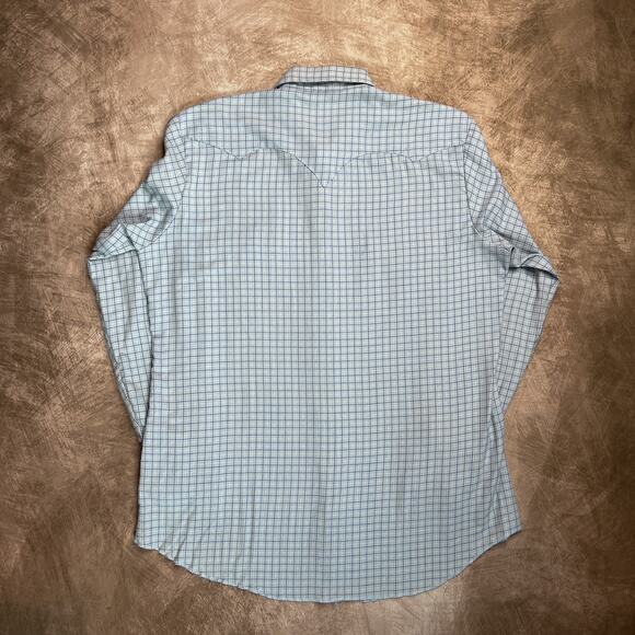 Vintage 80s Tem Tex Checkered Flannel Shirt Pearl Snap Gray Blue Plaid Men's 16 - Picture 3 of 6